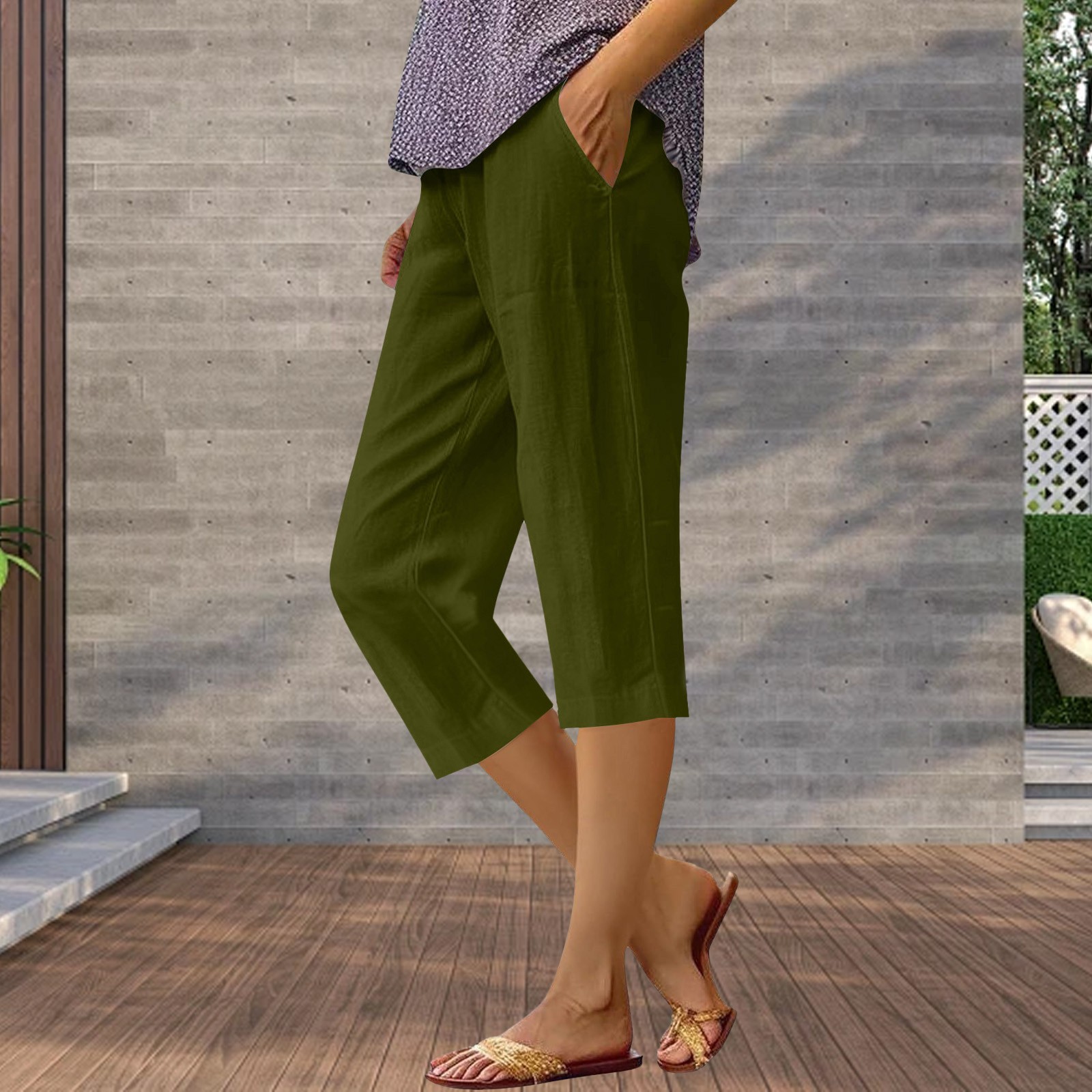 thumbnail image 2 of Pantalones cortos holgados de color liso para mujer: cintura elástica, versátiles para primavera/verano, tallas estadounidenses 4-18 (S-XXXXXL), 2 of 4